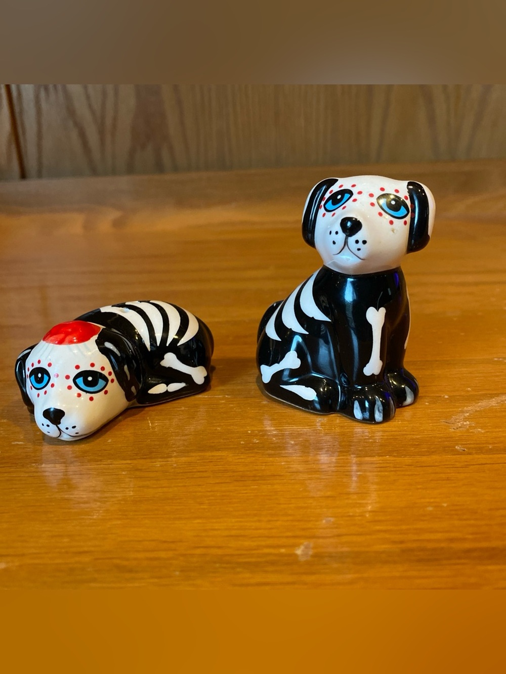Halloween Day of the Dead Dog Puppy Skeleton Salt and Pepper Shakers Black White